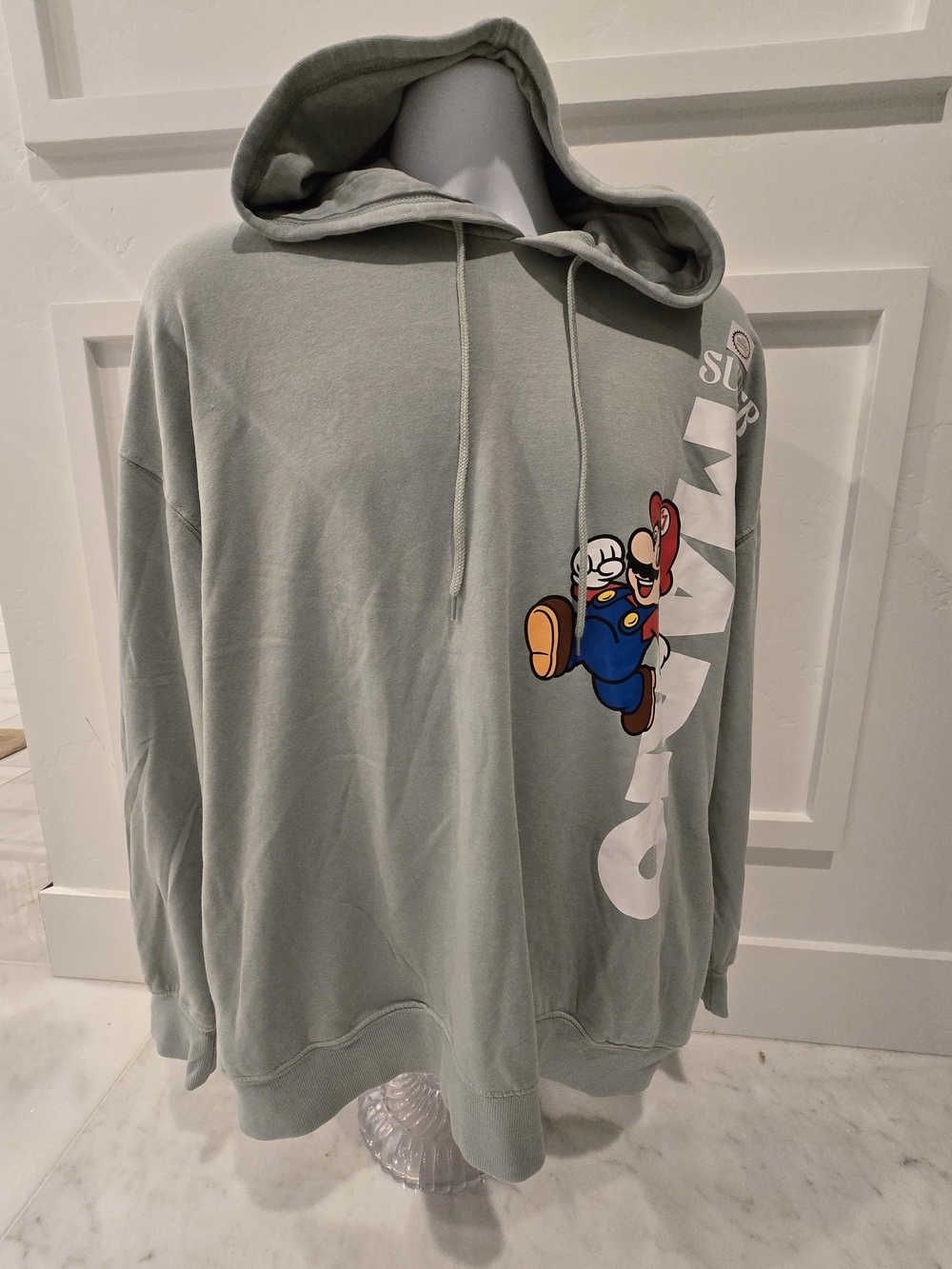 Men's Light Sage Graphic Pullover Hoodie with Super Mario Print